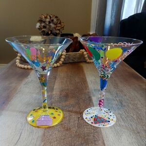 2 Lolita Martini Glass Hand Painted Happy Birthday Multicolor